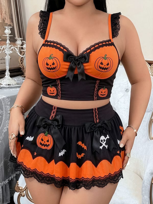 halloween lingerie Halloween Pumpkin 3‑Piece Plus‑Size Lingerie Costume Set