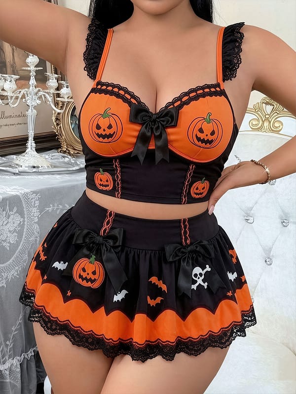 pumpkin lingerie Halloween Pumpkin 3‑Piece Plus‑Size Lingerie Costume Set