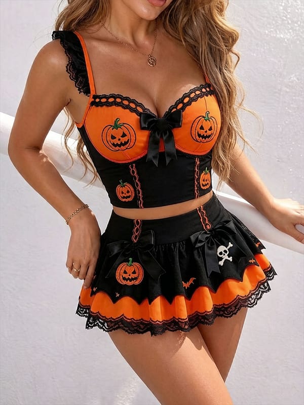 pumpkin lingerie Halloween Pumpkin 3‑Piece Costume Lingerie Set
