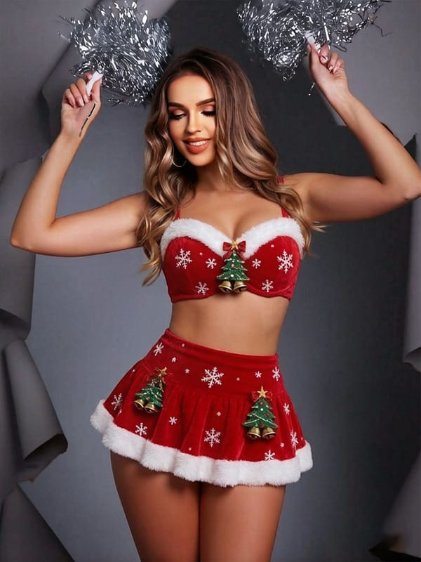 christmas outfit for women Christmas Lingerie Outfit – 3-Piece Velvet Bra, Skirt & Thong Set